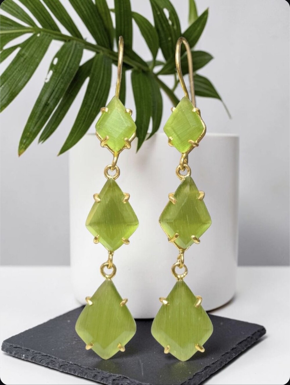 18k Gold Plated Geometric Peridot Chalcedony Crystal Artisan Dangle Earrings
